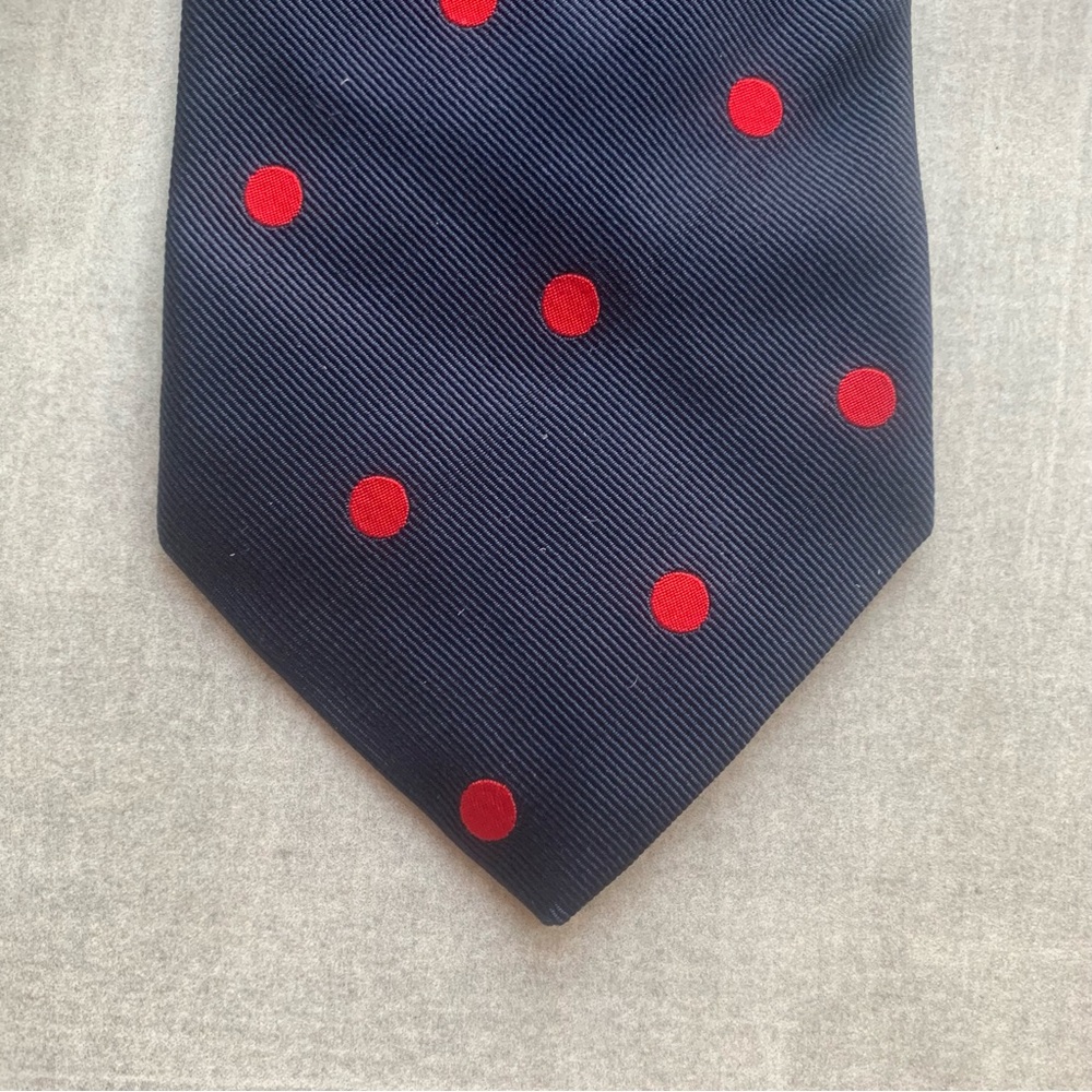 Drakes for OXXFORD Red and Blue Polka Dot Silk Tie - Picture 6 of 7
